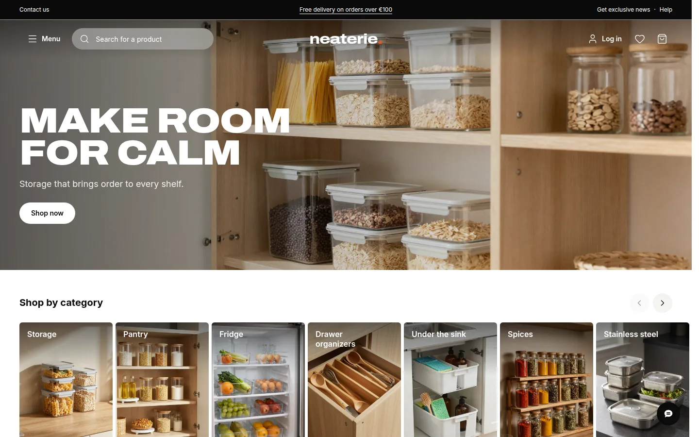 The Neaterie home page: hero, categories, best sellers